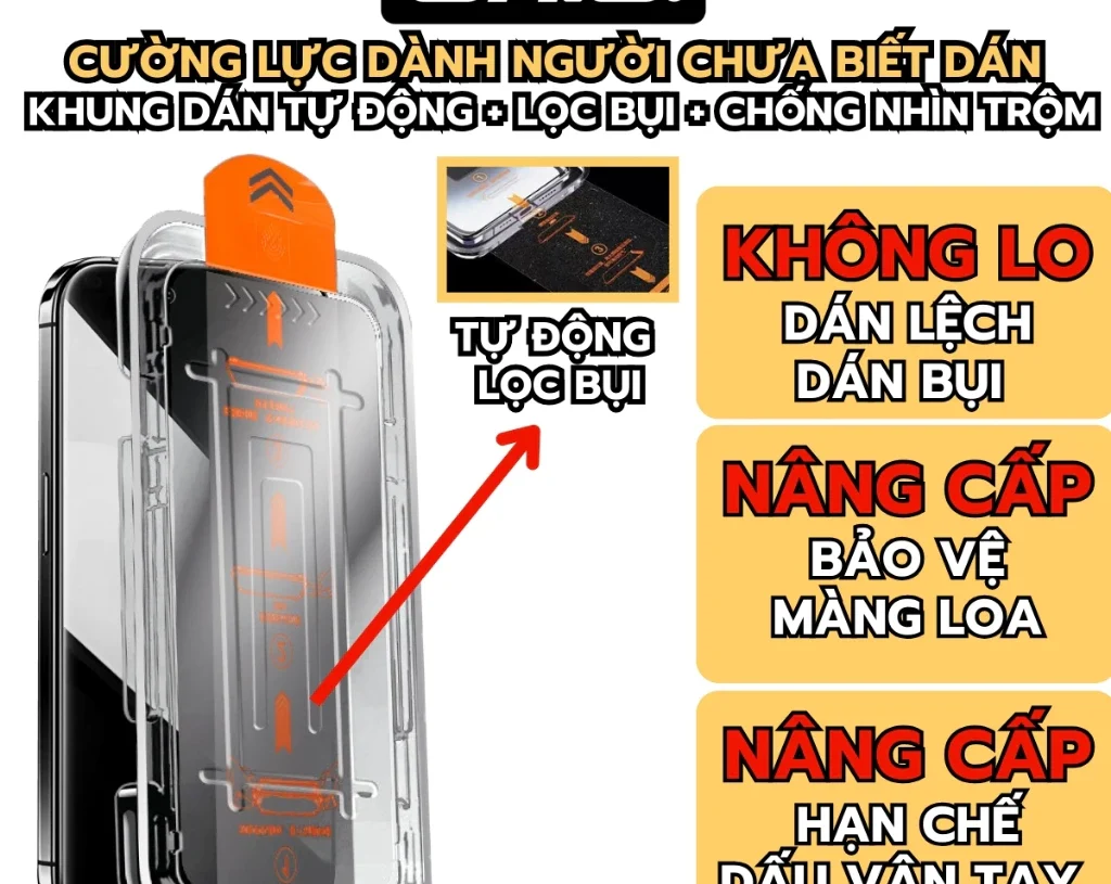 Kính Cường Lực iPhone Khung Tự Dán Lọc Bụi ORIO Chống Nhìn Trộm iP XS Max 11 12 13 14 15 16 Pro max