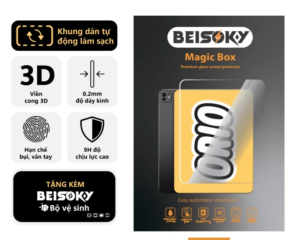 Kính Cường Lực iPad BEISOKY Có Khung Dán Tự Động Dành Cho Gen  4/5/7/8/9/10/AIR4/AIR5/PRO - ORIO
