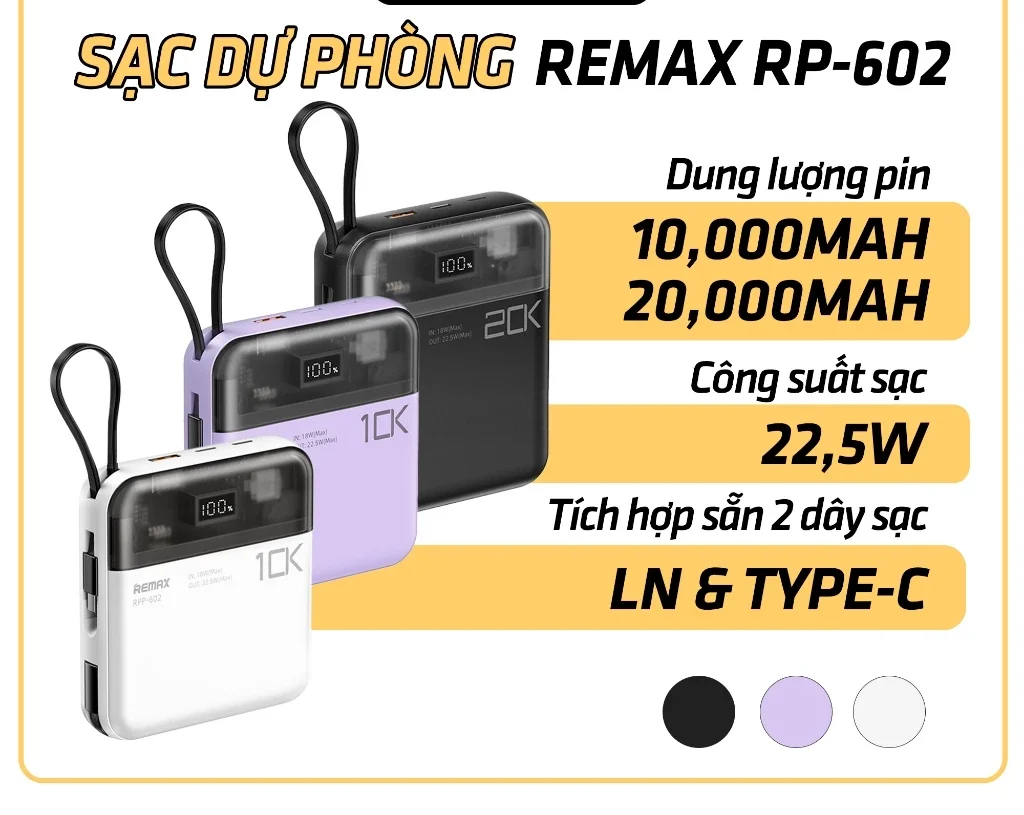 Sạc Dự Phòng ReMax 10000mAh 20000mAh, Sạc Nhanh 22.5W, Nhựa ABS Chống Cháy , Kèm Dây Sạc 2 Đầu ORIO