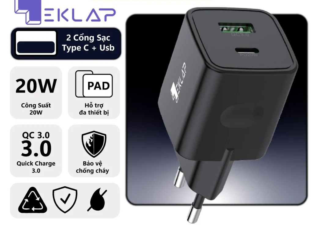 Củ Sạc Nhanh PD 20W EKLAP EK110 2 cổng 1TYPE-C 1USB-A , Dành Cho Điện Thoại , Máy Tính Bảng - ORIO