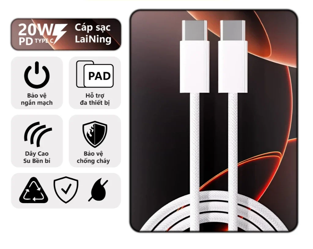 Dây Cáp Sạc Nhanh 20W ORIO-DC19 Type-C to Type-C , Có Bọc Dây Bện , Chống Đứt Chống Rối