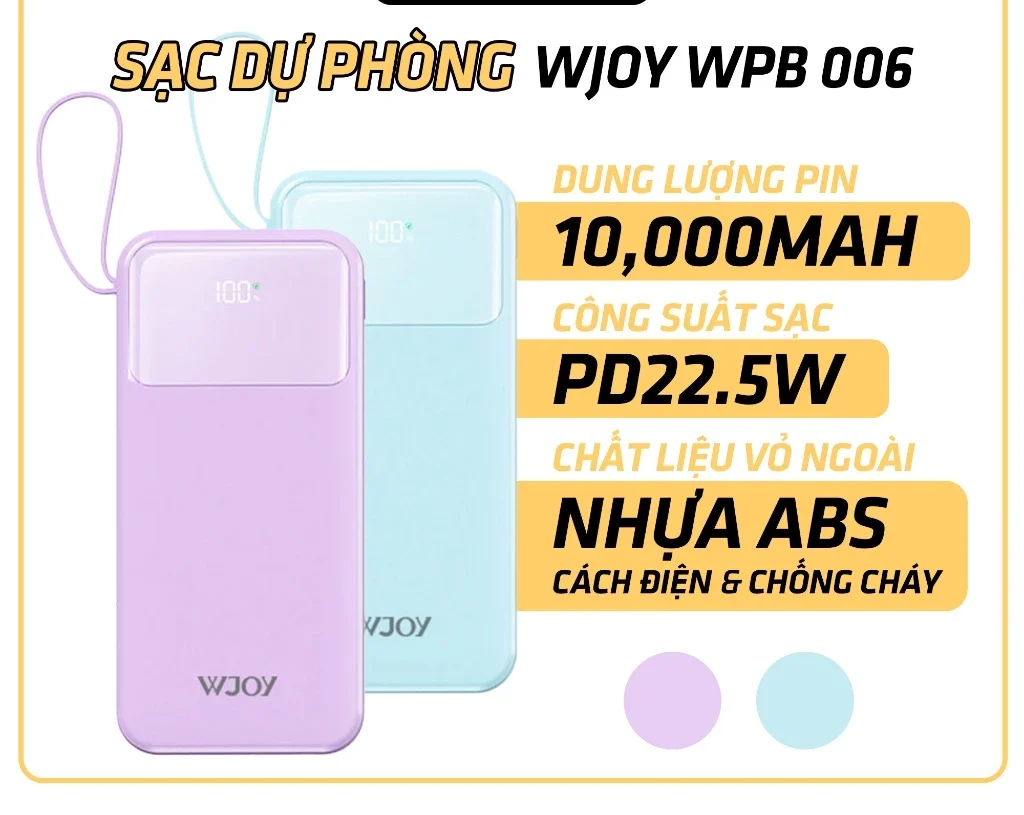 Sạc Dự Phòng Wjoy WPB 006 10,000mAh, Sạc Nhanh 22.5W, Nhựa ABS Chống Cháy, 3 Cổng USB & Type-C ORIO