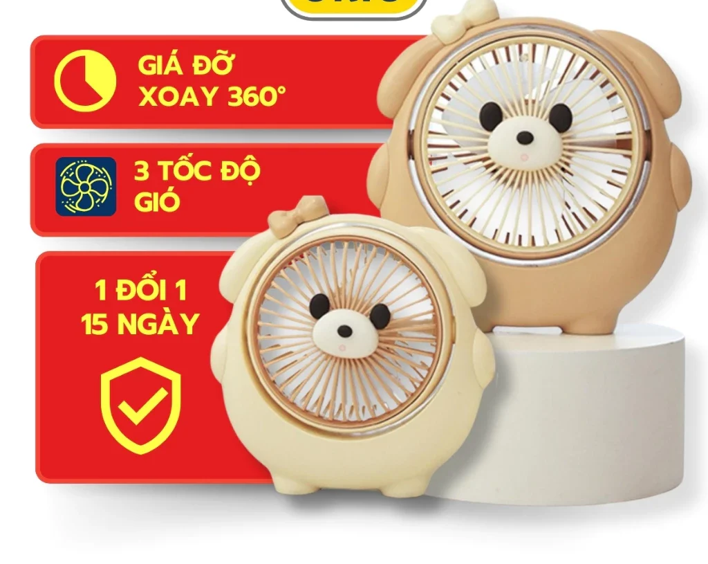 Quạt Điện Mini YASE YS2342 Hình Gấu Dễ Thương, Để Bàn Có Thể Quay 360 Độ, Có Thể Sạc Pin - ORIO