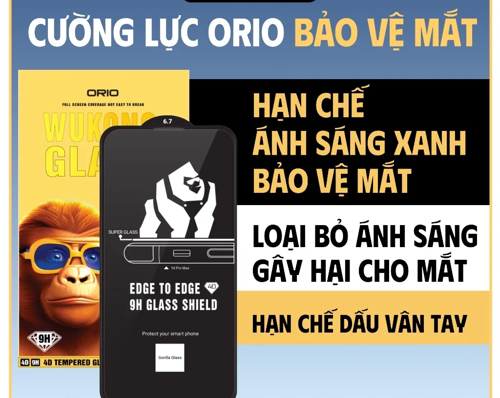 Kính Cường Lực iPhone ORIO WUKONG WP-30 Hạn Chế ánh Sáng Xanh X Xs Xr 11 12 13 14 15 16 Pro Max Plus