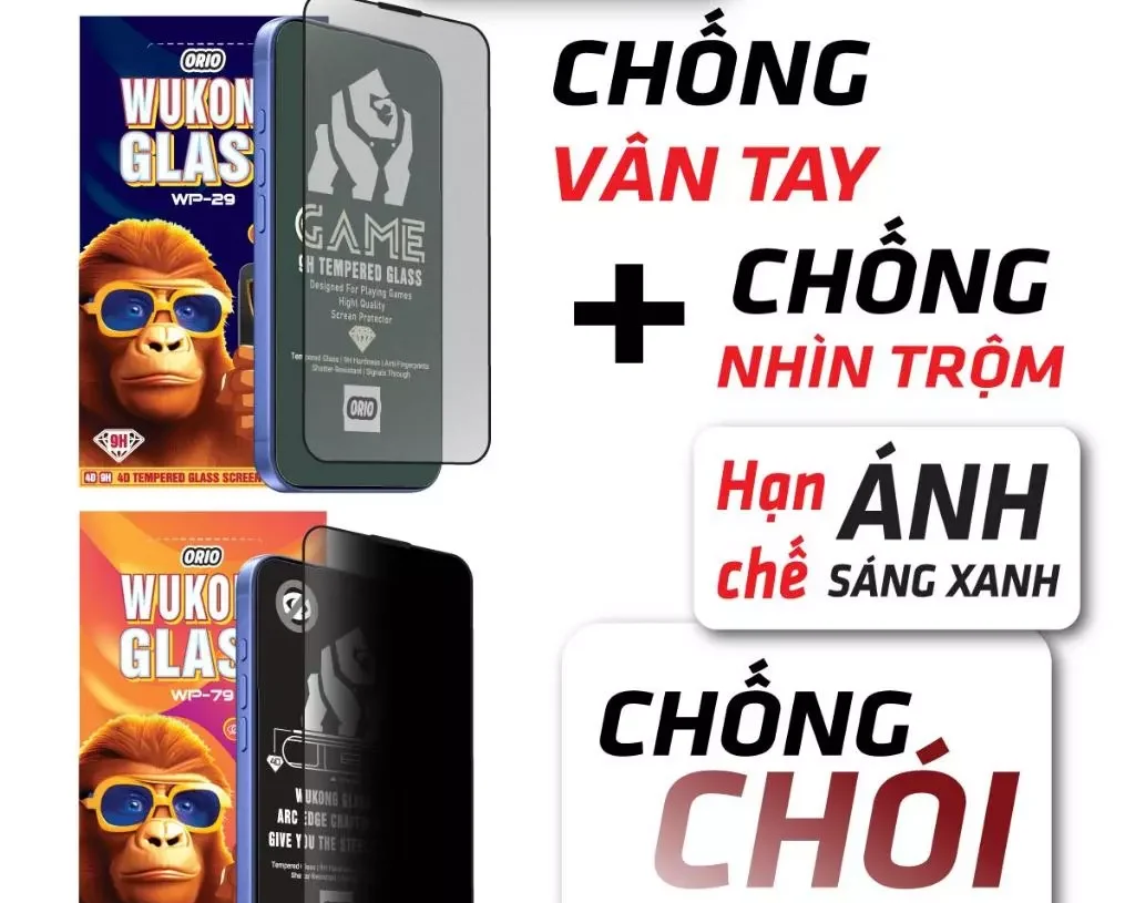 Kính Cường lực iPhone ORIO WUKONG Chống Vân Tay Chống Nhìn Trộm X XS XR 11 12 13 14 15 16 Pro max