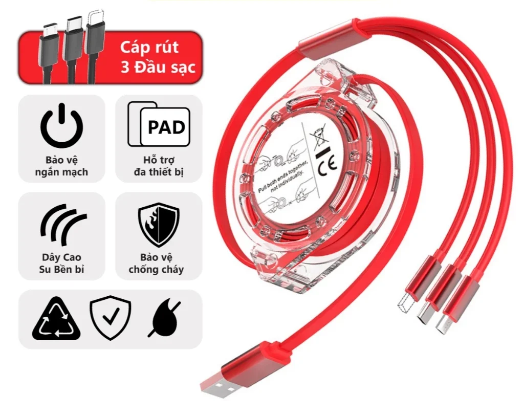 Dây cáp sạc rút 3IN1 Quick 3.0 USB micro type C Lai ning cho điện thoại pin dự phòng - ORIO C89