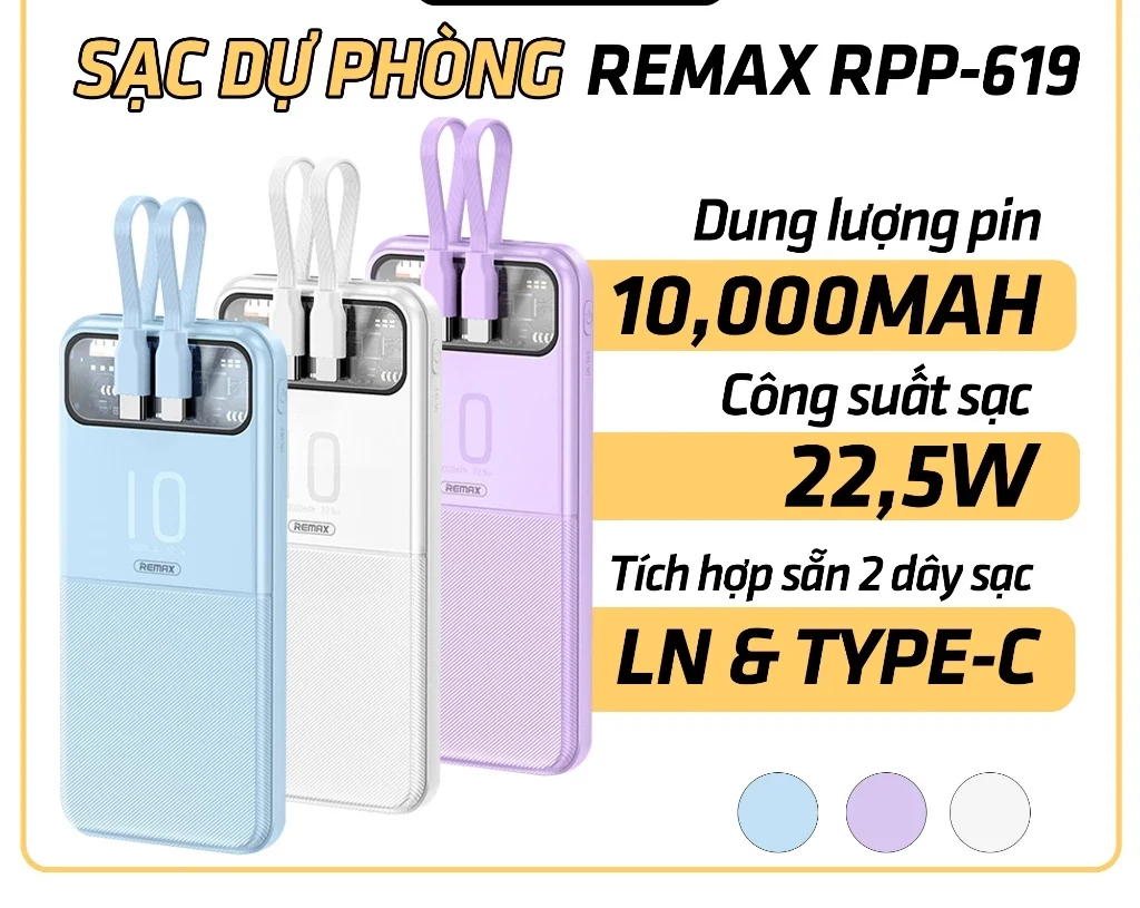 Sạc Dự Phòng ReMax 10000mAh, Sạc Nhanh 22.5W ,Có Màn Hình Hiển Thị , Nhựa ABS , Tích Hợp 2 Cáp ORIO
