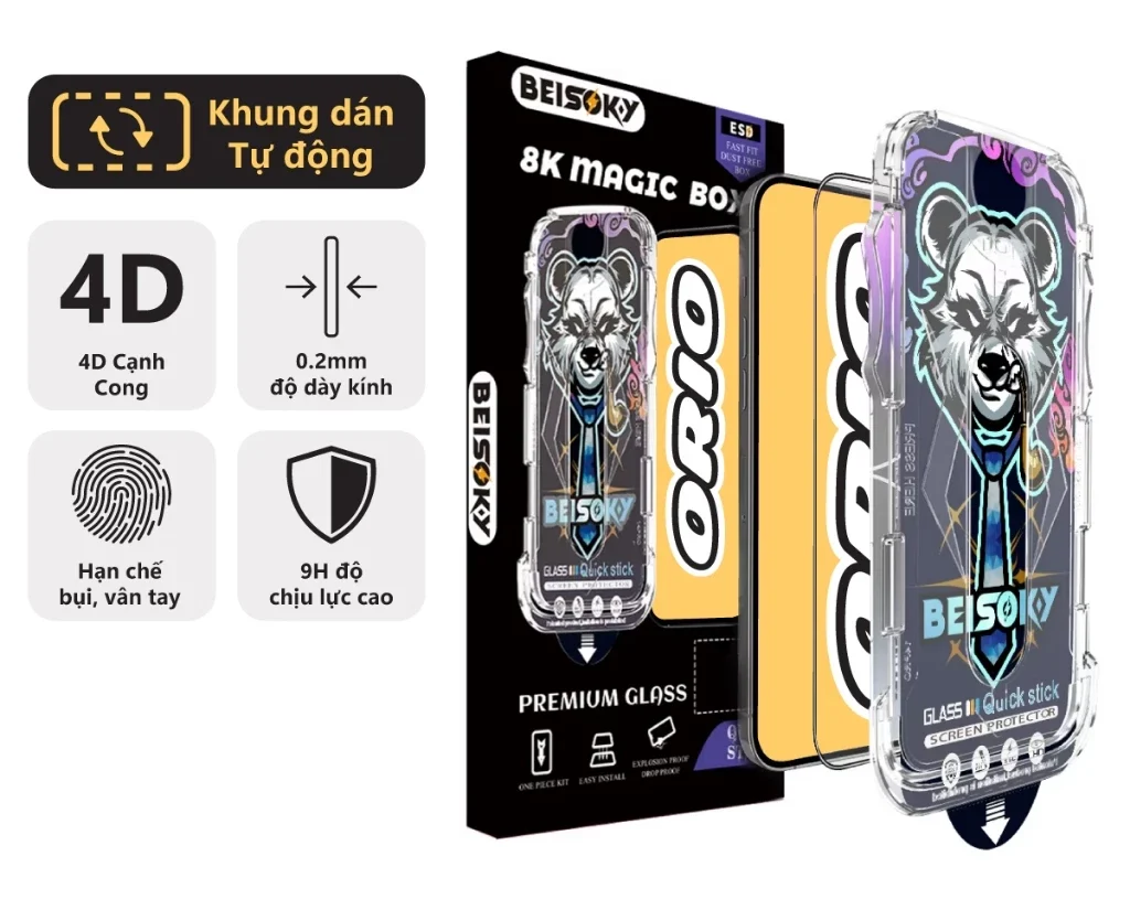 Kính Cường Lực iPhone BEISOKY Có Khung Dán X/Xs/Xr/Xsmax/ 11/12/13/14/15/16/Pro/Promax ORIO