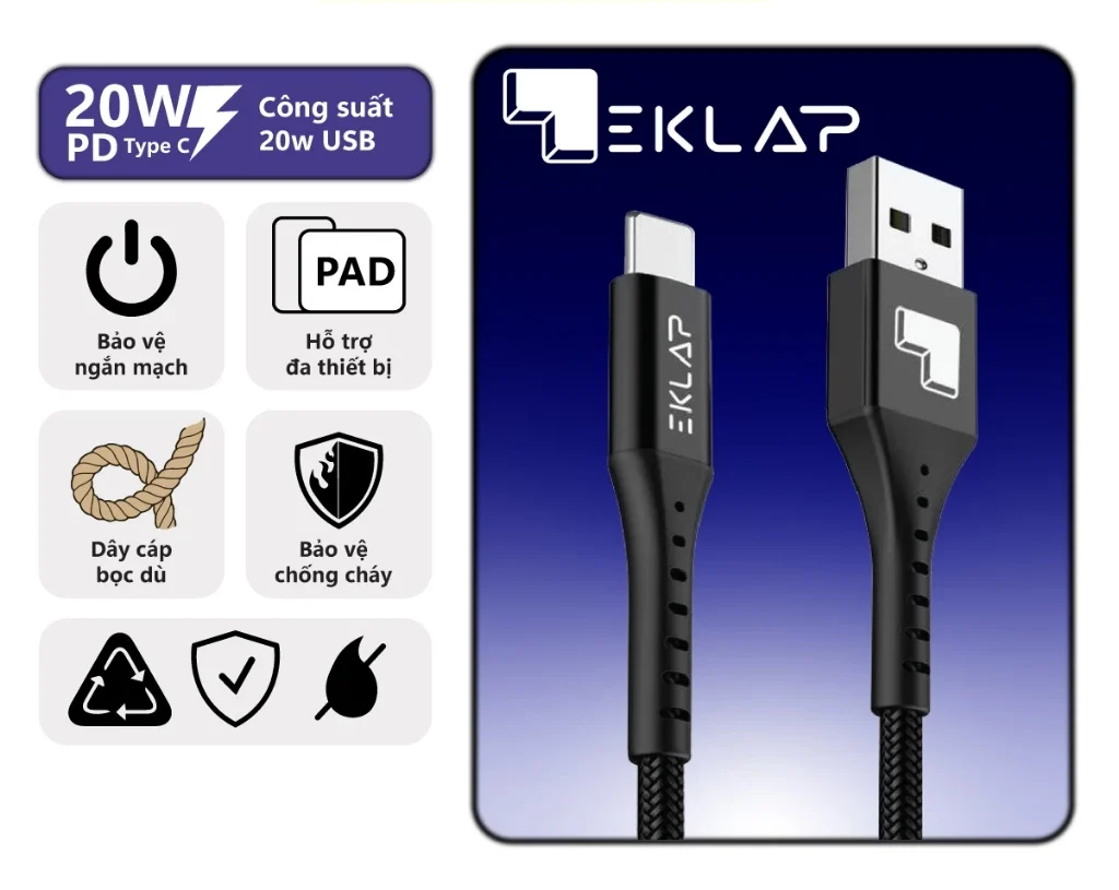 Cáp Sạc Nhanh EKLAP EK060 USB To LaiNing , Bọc Dù Bảo Vệ Chống Đứt , Dài 1000mm - ORIO