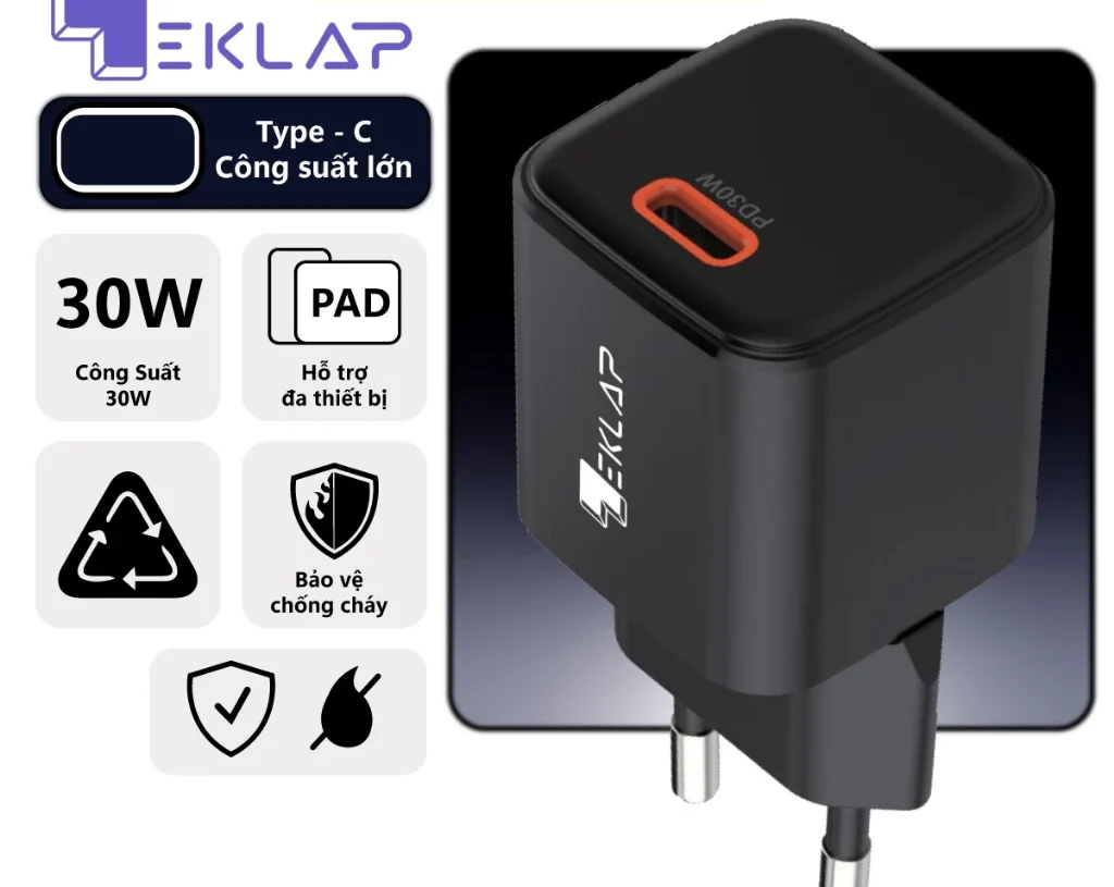Củ Sạc Nhanh PD 30W EKLAP EK100 1 cổng TYPE-C Dành Cho Điện Thoại , Máy Tính Bảng , Tai Nghe - ORIO
