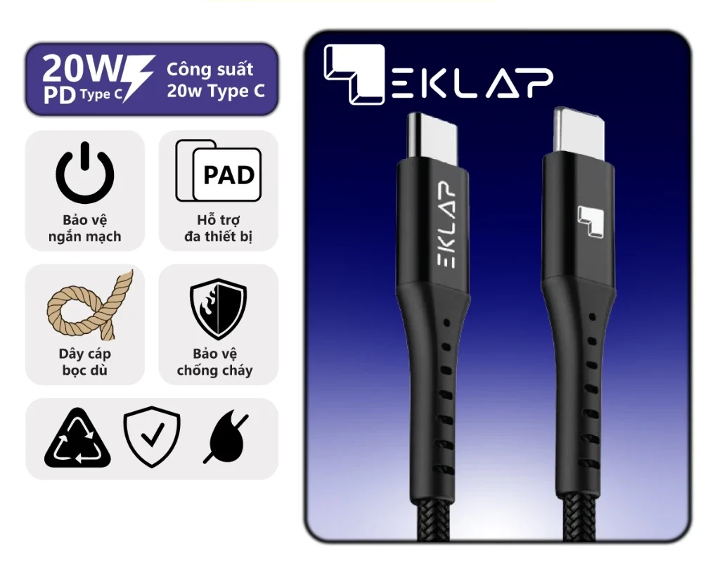 Cáp sạc nhanh 20W EKLAP EK080 Type C to laiNing , Bọc Dù Bảo Vệ Chống Đứt , Dài 1000mm - ORIO