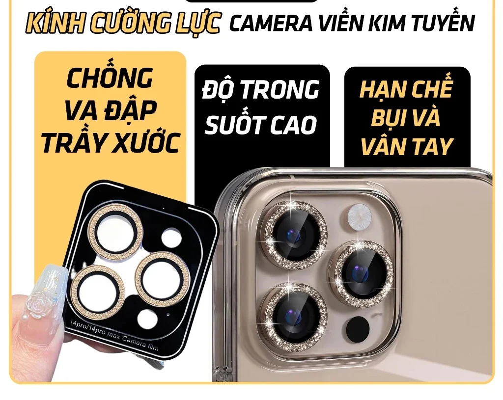 Kính Cường Lực Bảo Vệ Camera iPhone Viền Kim Tuyến 11 12 13 14 15 16 Pro Max ORIO
