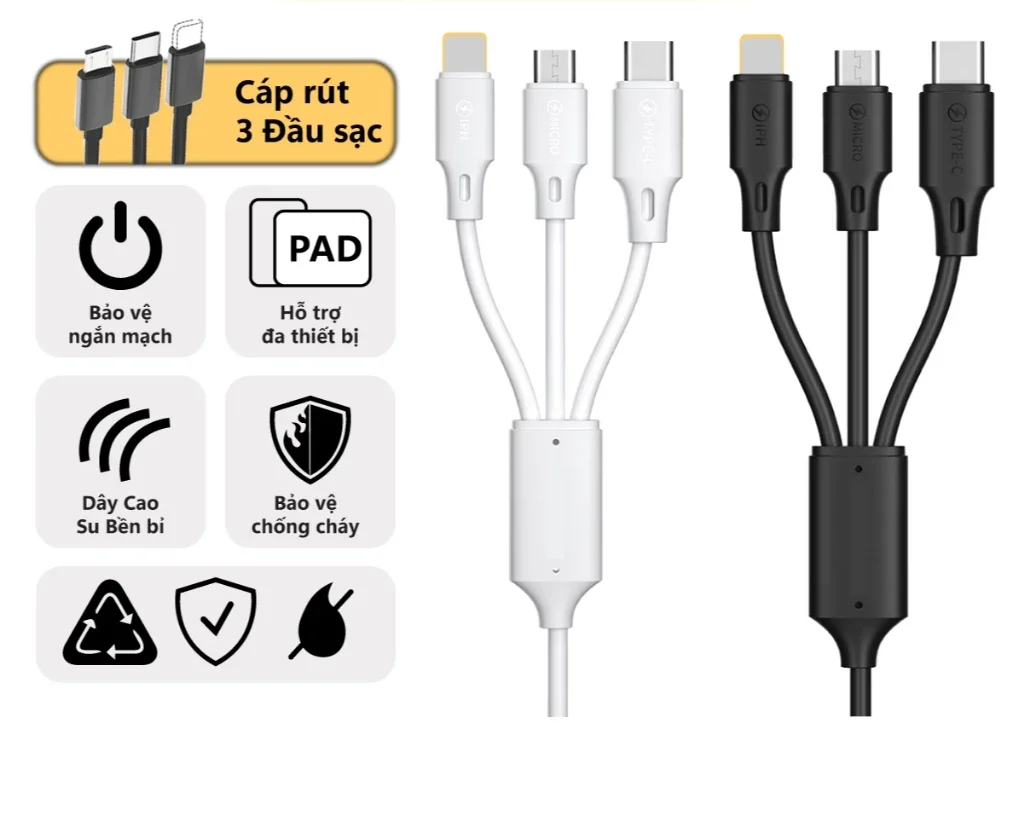 Dây cáp sạc 3in1 WDC 103 USB micro + type C + Lai ning cho điện thoại pin dự phòng tai nghe ORIO