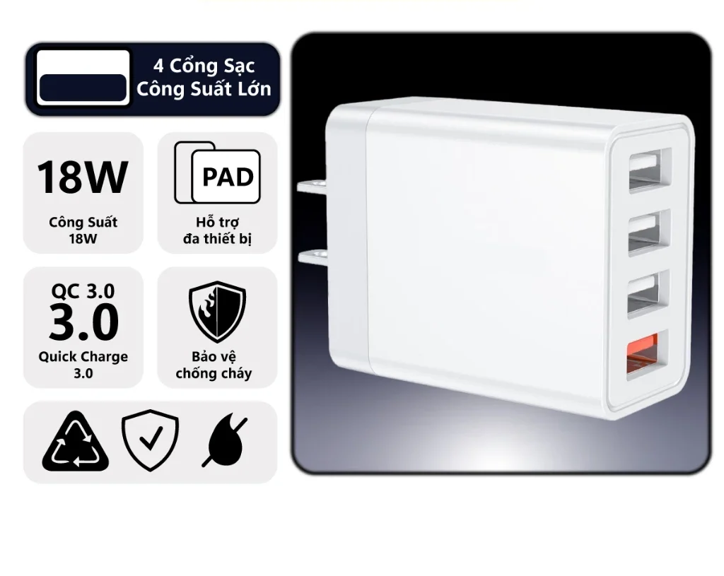 Củ sạc nhanh WP-U125 4 cổng 18W QC 3.0 cho điện thoại tai nghe Bluetooth pin dự phòng - ORIO